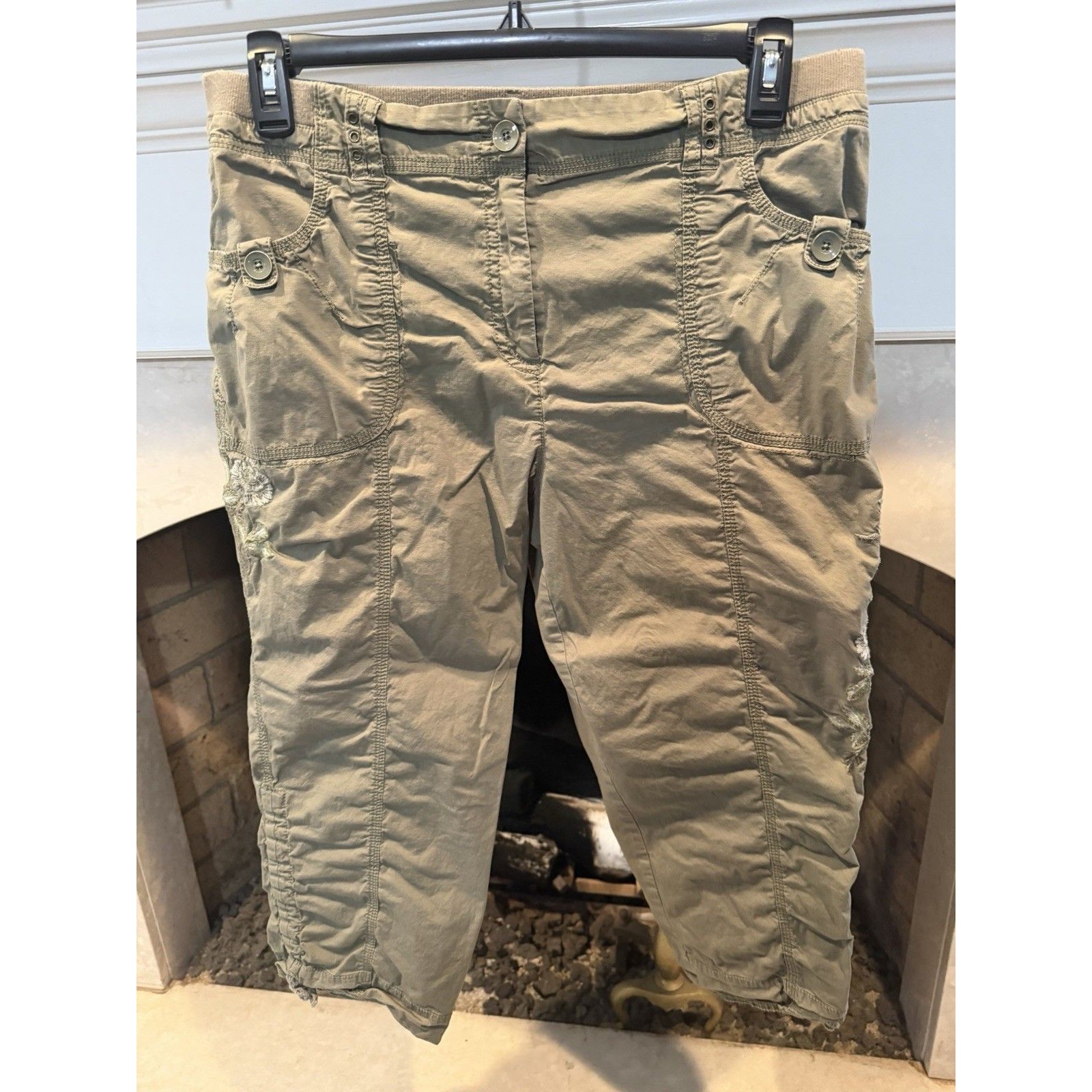 Chico’s Camouflage Color Crops With Floral Embroidery Size 14